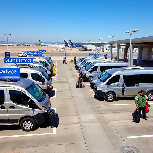 A modern airport parking area with multiple shuttle vans parked in designated spots, clear signage for 'Shuttle Service', travelers loading luggage, well-lit pavement, distant terminal buildings visible under a clear sky, realistic daytime lighting, no text or letters visible on signs or vehicles