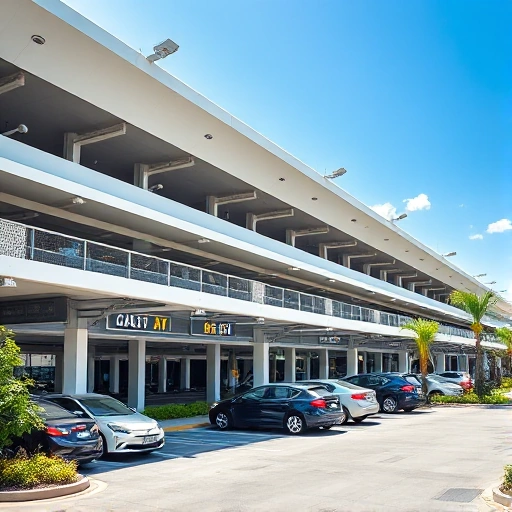 A modern, well-lit airport parking facility with multiple levels, clear signage, security cameras, and vehicles parked neatly in designated spots, surrounded by green landscaping and under a bright daytime sky