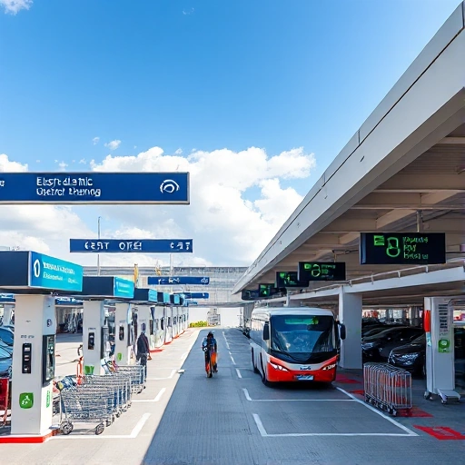 A modern airport parking facility with clear signage, electric vehicle charging stations, and travelers easily navigating to their cars under a bright, sunny sky. The scene includes a clean, well-lit parking garage with digital displays showing available spots, a shuttle bus dropping off passengers, and luggage carts nearby. No text, letters, or digits appear on any surfaces or signs.