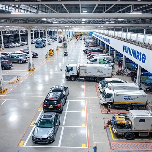 A modern airport parking area with vehicle maintenance services, showing cars parked in designated spots, service trucks nearby, mechanics performing inspections, and clear signage for parking and maintenance zones, all in a clean, organized, and professional setting