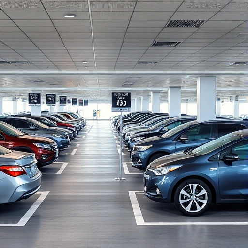 A modern airport parking lot with cars parked in designated spaces, clear signage showing discounted rates, bright daylight, clean and organized layout, no people visible, focus on the parking area and rate signs