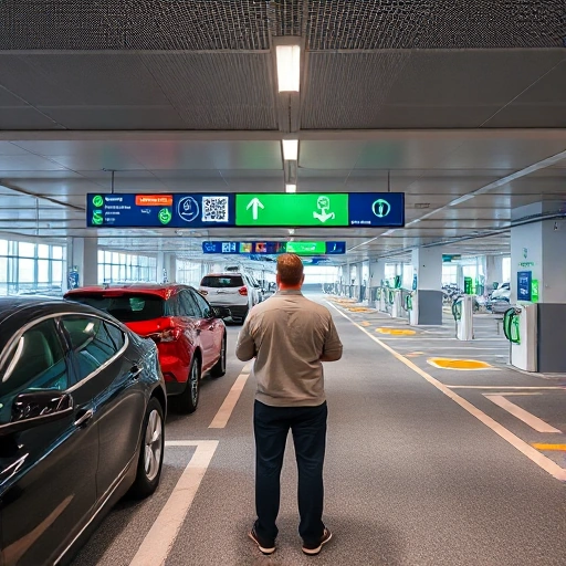 A modern airport parking facility with clear signage, smooth traffic flow, electric vehicle charging stations, and a person easily scanning a QR code to enter, conveying a stress-free and efficient experience