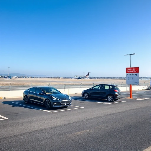 A modern airport parking area with premium parking spaces clearly marked, featuring sleek electric vehicles parked in designated spots, well-lit signage indicating 'Premium Parking', clean asphalt, distant airport terminals visible in the background under a clear blue sky, no people, no text on signs except 'Premium Parking' as part of the visual design, realistic photography style