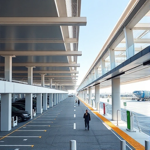 A modern airport parking area with covered walkways connecting the parking structures to the terminal, featuring sleek architectural design, clear signage, electric vehicle charging stations, and pedestrians walking under the covered pathways, bright daylight, clean lines, minimalist aesthetic