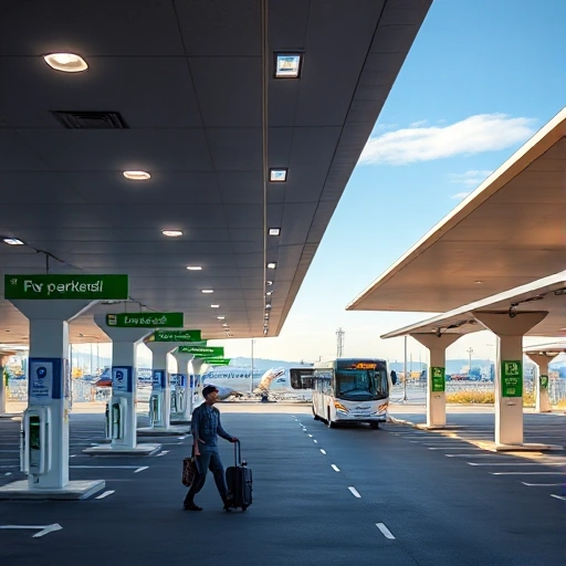 A modern, stress-free airport parking facility with clear signage, spacious well-lit parking spots, electric vehicle charging stations, a friendly attendant assisting a traveler with luggage, and a seamless shuttle bus arriving at the terminal in the background — all under a bright, calm sky with minimal visual clutter