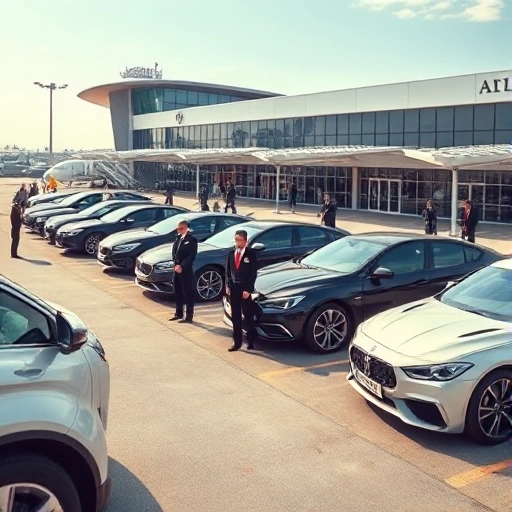 A modern airport valet parking area with sleek cars being attended by uniformed valet staff near a terminal building, clear sky, daytime, realistic lighting, no text or signage visible