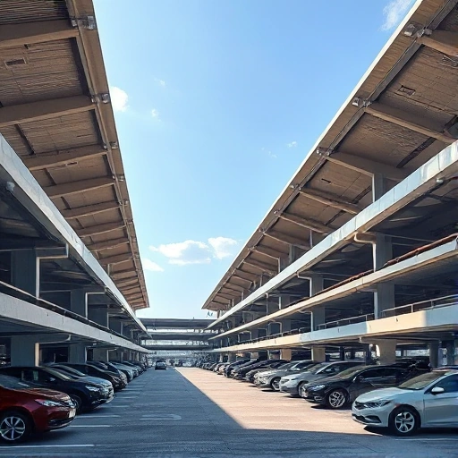 A modern airport covered parking structure with multiple levels, sleek concrete and steel design, vehicles parked under a protective canopy, clear sky, daytime lighting, no people visible, focus on architecture and parking layout
