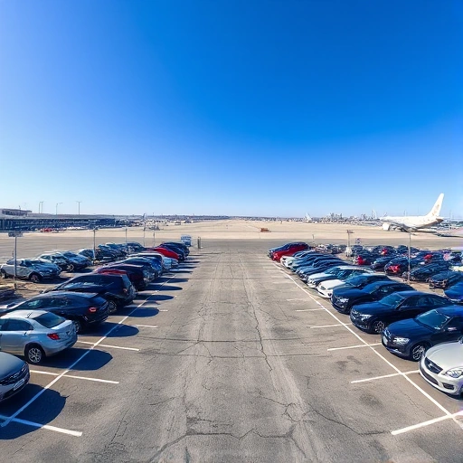 A wide-angle view of outdoor parking spaces at an airport, showing rows of parked cars under a clear blue sky, with distant airport terminals and aircraft visible on the horizon, paved asphalt surface with white parking lines, minimal signage, no people, no text or letters on signs or vehicles, realistic daylight lighting, high detail, smallHQ style