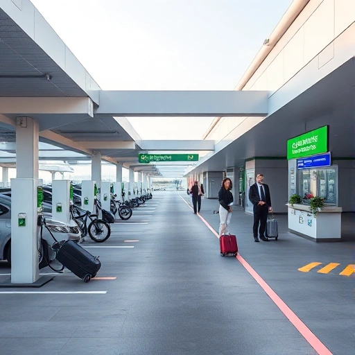 A modern airport parking area with clear signage, electric vehicle charging stations, and a customer service desk staffed by friendly employees assisting travelers with luggage, all under a bright daytime sky with clean architectural lines and minimal clutter