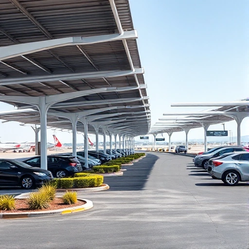 A modern covered parking structure near an airport terminal, with sleek metal canopies providing shade over rows of parked cars, clear signage indicating airport access, distant view of airplanes on the tarmac, bright daylight, clean asphalt, minimal landscaping with low shrubs, no people visible, no text or letters on signs or surfaces
