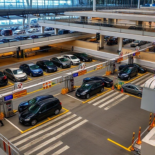 A modern airport parking area with multiple levels, cars parked in designated spots, security checkpoints with barriers and personnel, surveillance cameras, clear signage, well-lit environment, realistic urban setting, daytime
