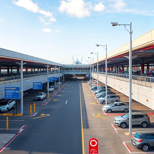 A modern airport parking facility with clear signage, well-lit lanes, multiple levels of covered and open parking spaces, security cameras mounted on poles, a visible 24-hour security guard booth with personnel in uniform, and vehicles parked orderly — all under a clear daytime sky with subtle shadows, realistic textures, and no text or logos visible