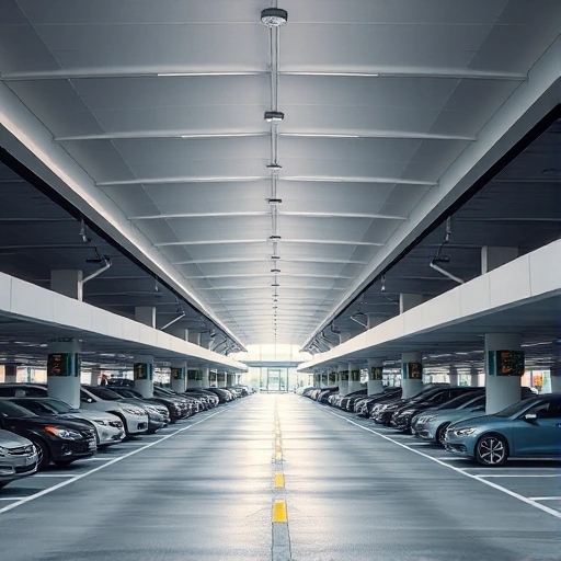 A modern airport parking area with covered walkways connecting the parking structure to the terminal, sleek design, clear signage, vehicles parked in organized rows, soft daylight, minimalistic architecture, no people visible