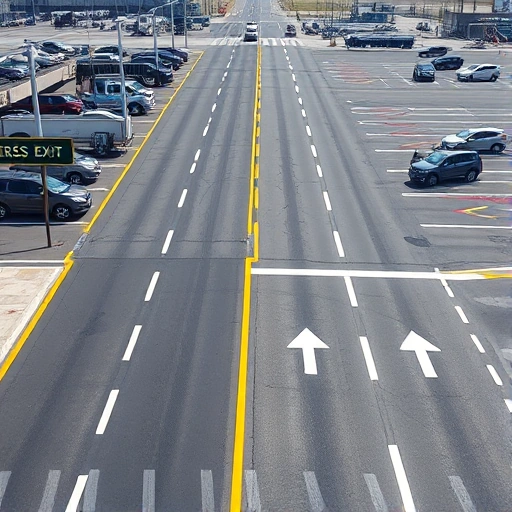 A modern airport parking area with clearly marked lanes, vehicles parked in designated spots, and a dedicated express exit lane with signage showing 'Express Exit' and arrows pointing toward a highway or terminal access, clean asphalt, minimal traffic, bright daylight, no people visible, no text on signs except 'Express Exit' as part of the scene