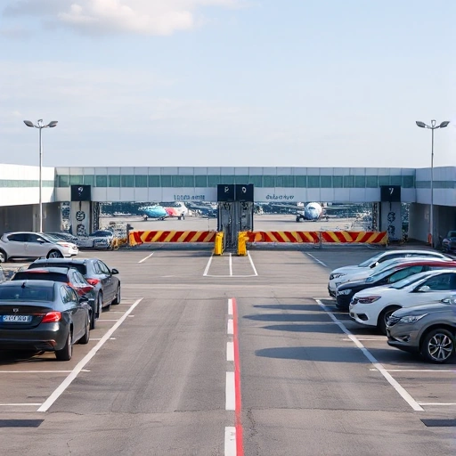 A modern airport parking area with clear lanes, parked cars, and prominent security gates with barriers and surveillance cameras, daytime, realistic lighting, no people visible