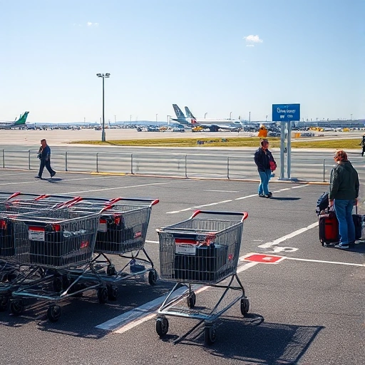 A modern airport parking area with multiple luggage carts parked near designated zones, travelers loading and unloading suitcases, clear signage for parking and cart return, paved asphalt surface, distant airport terminals and aircraft visible in the background under a clear sky, realistic lighting, no people faces visible, no text or letters on signs or carts