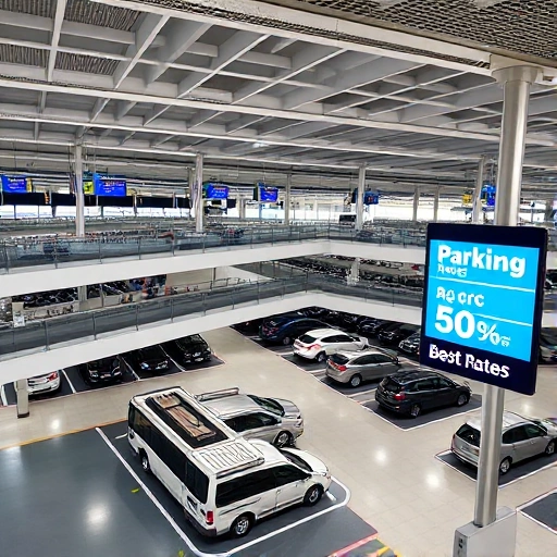 A modern airport parking facility with clear signage showing competitive rates, multiple levels of organized parking spaces, shuttle buses transporting passengers to terminals, and a digital display board highlighting 'Best Rates' in a clean, professional design