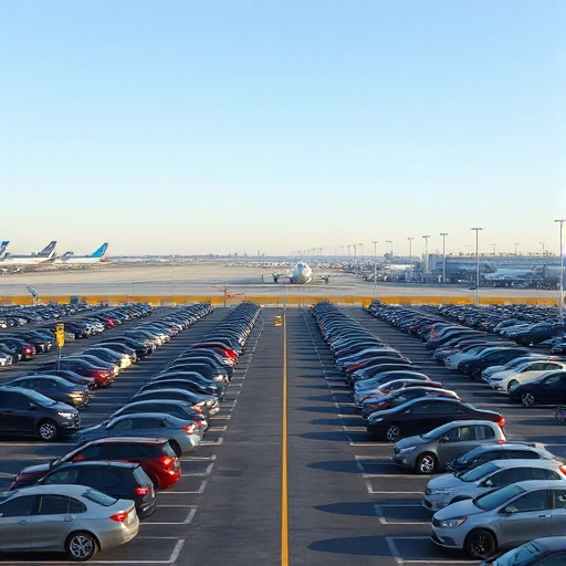 A quiet long-term parking area at an airport during daytime, with rows of parked cars under a clear sky, distant airport terminals visible in the background, well-marked lanes and signage, no people or vehicles in motion, realistic lighting and shadows, high detail, smallHQ style