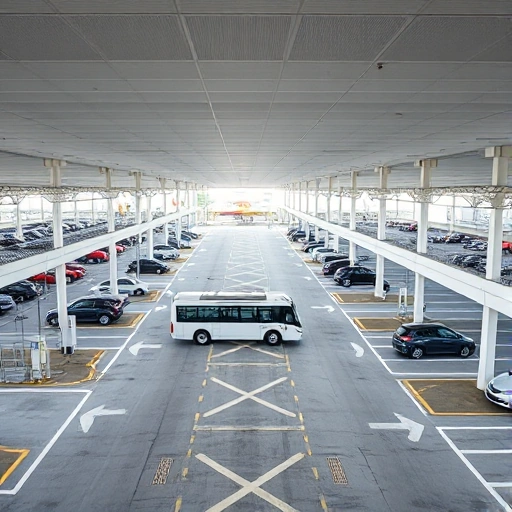 A modern airport parking facility with clear signage, well-lit lanes, electric vehicle charging stations, and a shuttle bus dropping off passengers near terminal entrances, viewed from a slightly elevated daytime perspective with clean lines and minimal clutter
