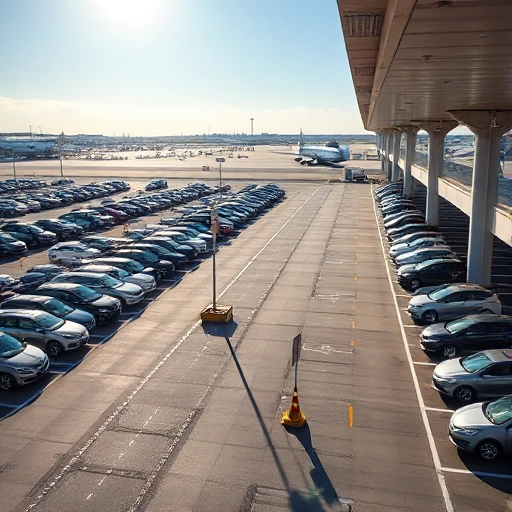 A modern airport parking area with organized rows of cars, clear signage, well-lit pathways, and a distant view of airport terminals and runways under a bright sky, emphasizing convenience and efficiency