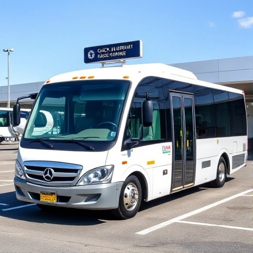 A modern shuttle bus parked near an airport terminal with clear signage for quick airport parking, showing efficient service and convenience, with a clean, professional design and bright daylight setting