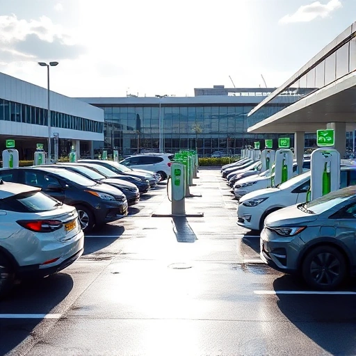A modern airport parking area with electric vehicles charging at sleek charging stations, surrounded by clean architecture, green landscaping, and clear signage for EV charging, under a bright sky with subtle reflections on wet pavement