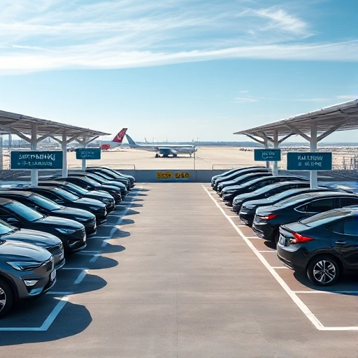 A modern airport parking area with sleek electric vehicles parked in organized rows, clear signage indicating 'Smart Parking', digital displays showing real-time availability, solar panel canopies above the parking spaces, and a distant view of airport terminals and runways under a bright blue sky