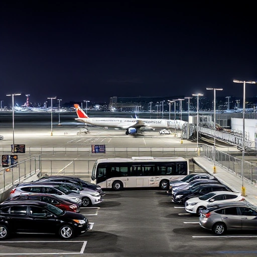 A modern, well-lit parking facility with clear signage, security cameras, and fenced perimeter, located near an airport terminal with airplanes visible in the background, cars parked neatly in designated spots, and a shuttle bus arriving to transport passengers