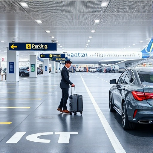 A modern airport parking area with valet assistance, showing a valet attendant in uniform helping a traveler with luggage near a luxury car, clear signage for valet parking, well-lit lanes, airport terminal visible in the background, daytime, realistic details
