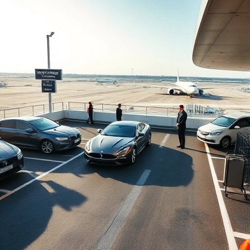 A modern valet parking service area near an airport terminal, with sleek cars being attended by uniformed valets, clear signage for 'Valet Parking - Quick Airport Access', smooth asphalt lanes, luggage carts nearby, and distant view of airport runways and terminals under a bright sky