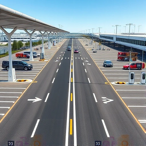 A modern airport parking area with express service lanes, featuring clearly marked drop-off zones, automated ticketing kiosks, electric vehicle charging stations, and directional signage for quick access to terminals, under bright daylight with clean architectural lines and minimal traffic congestion