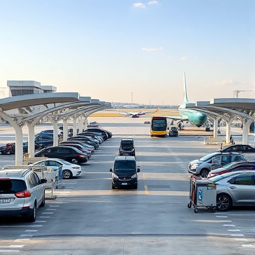 A modern airport parking area with covered loading zones, featuring sleek canopies over vehicle loading bays, electric shuttle buses parked beneath them, luggage carts moving between terminals and vehicles, clear signage for passenger drop-off and pickup, well-lit concrete surfaces, distant airport terminals with glass facades under a clear sky, no people visible, no text or signage with readable words, no advertisements, no vehicles in motion blur, no clutter or debris