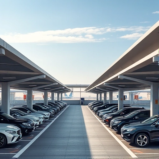 A modern airport parking facility with covered parking structures, sleek design, premium signage, luxury vehicles parked under shaded canopies, well-lit pathways, security cameras, and a distant view of airport terminals and runways under a clear sky