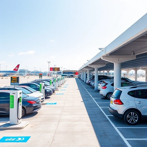 A modern, well-lit airport parking facility with clear signage, electric vehicle charging stations, security cameras, and a shuttle bus transporting passengers to the terminal, all under a bright daytime sky with clean lines and professional aesthetics