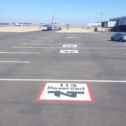 A clear view of reserved parking spots at an airport, marked with signs indicating 'Reserved' and possibly numbered, located near terminal entrances, with asphalt surface, standard parking space lines, and a few vehicles parked in the spots, under daylight with clear skies
