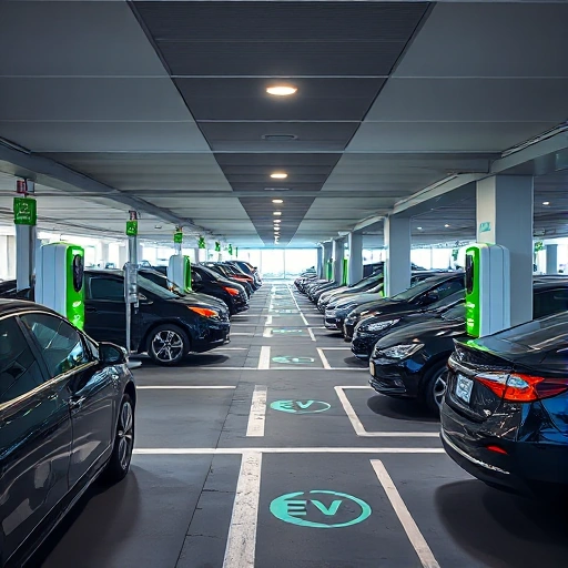 A modern airport parking area with electric vehicles charging at dedicated charging stations, clear signage for EV charging, sleek design, daytime lighting, no people visible, focus on infrastructure and vehicles