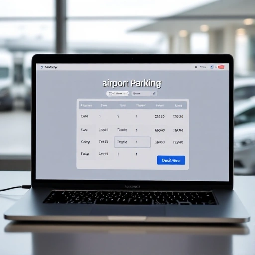 A modern, user-friendly online booking interface for airport parking displayed on a laptop screen, showing a clean calendar selection, car icons, price tags, and a 'Book Now' button, with a subtle airport terminal and parked cars visible through a window in the background, minimalistic design, soft lighting, professional and trustworthy atmosphere