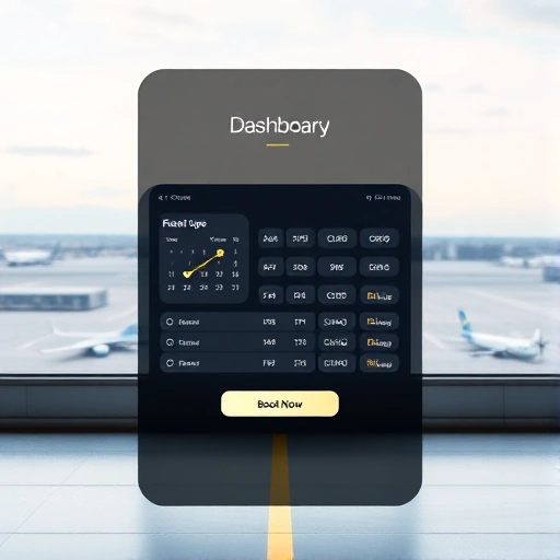A modern, user-friendly interface showing an online booking system for airport parking, featuring a clean dashboard with calendar selection, vehicle type options, price display, and a prominent 'Book Now' button, set against a subtle airport background with distant runways and terminals, all in a minimalist, high-quality digital design style