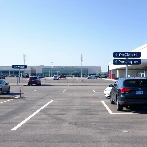 A clear, high-quality image showing the closest available parking area near an airport terminal, with visible parking spaces, directional signs indicating 'Closest Parking', airport buildings in the background, and vehicles parked neatly — no people, no text overlays, no license plates visible