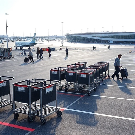 A modern airport parking area with multiple luggage carts parked near designated spots, travelers loading and unloading suitcases, clear asphalt lanes, airport terminal buildings in the background under a bright sky, realistic lighting, no text or signage visible