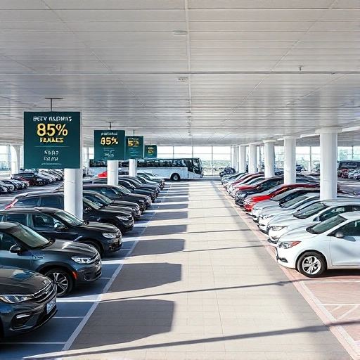 A modern airport parking lot with clear signage showing discounted rates, cars parked in organized rows, a shuttle bus transporting passengers to the terminal, bright daylight, clean and well-lit environment, subtle promotional banners with 'Best Deals' text implied visually without actual letters or numbers