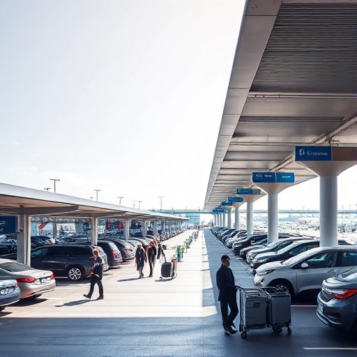 A modern airport parking facility with clear signage, covered parking structures, travelers walking to and from their vehicles, luggage carts, and smooth traffic flow under a bright sky
