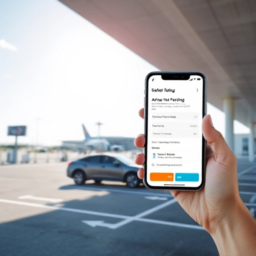 A modern airport parking lot with clear signage, a car parked in a designated spot, a smartphone screen showing an online booking confirmation for airport parking, and a terminal building in the background under a bright sky