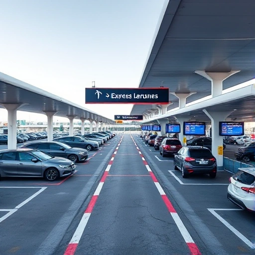 A modern airport parking facility with clearly marked express lanes for quick vehicle access, featuring sleek design, efficient traffic flow, digital signage, and well-lit pathways, viewed from a slightly elevated angle during daytime with clear skies