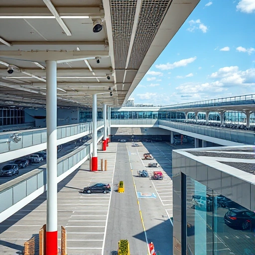 A modern airport parking facility with multiple levels, clearly marked parking spaces, security cameras mounted on poles and walls, bright lighting, and a surveillance control room visible through glass with monitors displaying live feeds, all under a clear sky