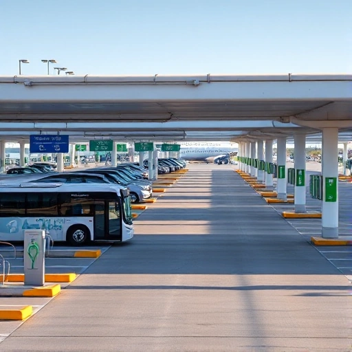 A modern airport parking facility with clear signage, electric vehicle charging stations, and a shuttle bus transporting passengers to the terminal, viewed from a slightly elevated angle during daytime with bright, clean lighting