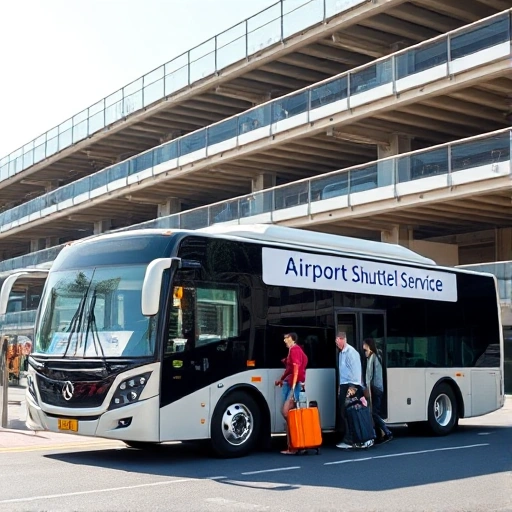 A modern shuttle bus parked near a multi-level airport parking garage, with clear signage indicating 'Airport Shuttle Service', travelers with luggage boarding the bus, bright daylight, clean urban setting, no text or letters visible on surfaces