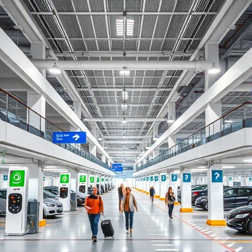 A modern indoor airport parking facility with multiple levels, clear signage, electric vehicle charging stations, well-lit corridors, security cameras, and travelers walking with luggage near designated parking zones, all in a clean, organized, and efficient layout
