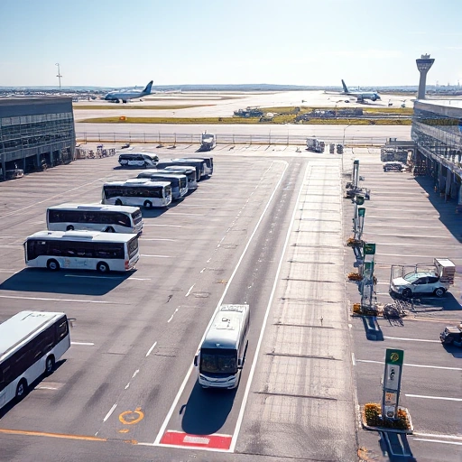 A modern airport parking area with shuttle buses transporting passengers between the terminal and parking lots, clear signage, well-lit lanes, electric vehicle charging stations, and a distant view of airport runways and control tower under a bright daytime sky