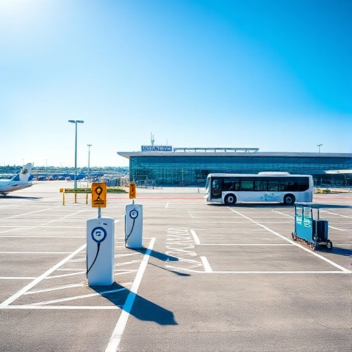 A modern airport parking area with clear signage, well-organized parking spaces, electric vehicle charging stations, and a shuttle bus arriving at a terminal in the background under a bright blue sky, conveying convenience and efficiency